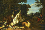₴ Репродукция картины натюрморт от 166 грн.: Дичь охраняемая гончей, охотник с собакамий на фоне пейзажа