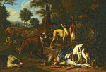 ₴ Репродукция картины натюрморт от 166 грн.: Дичь охраняемая тремя гончими, отдыхающий охотник на фоне пейзажа