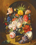 ₴ Репродукция натюрморт от 318 грн.: Букет цветов с делфтской миской на мраморной плите