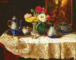 ₴ Репродукция картины натюрморт от 193 грн.: Цветы и чайный сервиз