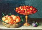 Натюрморт: Корзина с абрикосами, серебряная тацца с черешней и слива на столе