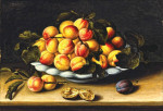 Натюрморт: Миска абрикос, персики и сливы на выступе
