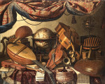 Натюрморт: Музыкальные инструменты, включая альт, скрипка, виолончель и лютня, всесте с глобусом и томами классической литературы