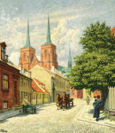 Городской пейзаж: Уличная сцена с видом на церковь Роскилле