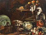 Натюрморт: Кухня с овощами, плита, мусор, дичь и виноград