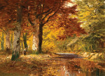 ₴ Репродукция пейзаж от 235 грн.: Осенний лес с женщиной, собирающей хворост