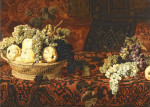 ₴ Репродукция натюрморт от 229 грн.: Груши, красный и белый виноград в плетеной корзине на столе задрапированном вышитым одеялом