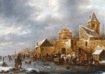 ₴ Репродукция картины пейзаж от 175 грн: Зимний пейзаж с фигурами на льду вокруг стен города