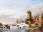 ₴ Репродукция пейзаж от 309 грн.: Фигуристы на замерзшей реке рядом с мельницей и лодкой