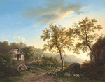 ₴ Картина пейзаж художника от 209 грн.: Холмистый пейзаж с водяной мельницей, пастух и стадо