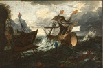 Морской пейзаж: Голландский и испанский корабли терпят бедствие в сильный шторм возле скалистого берега, гребная лодка с экипажем на переднем плане