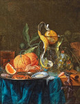 ₴ Картина натюрморт художника от 210 грн.: Апельсины, виноград, роммер, стакан эля, краб и устрицы на оловянных тарелках на столе покрытом синей тканью