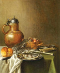 ₴ Картина натюрморт художника от 178 грн.: Курительный набор, хлеб, селедка, мензурка, глиняный мангал, большой керамический кувшин на столе 