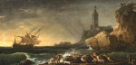 ⚓Репродукция морской пейзаж от 240 грн.: Прибрежная средиземноморская сцена с судами в бурном море и рыбаки на переднем плане