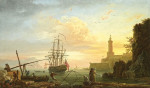 ⚓Репродукция морской пейзаж от 284 грн.: Средиземноморский порт при восходе с маяком, рыбаками и двумя военными кораблями на якоре