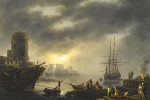⚓Репродукція морський краєвид від 319 грн.: Середземноморський порт з моряками, що вивантажують вантажі на передньому плані