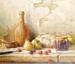 Натюрморт с фруктами, хлебом и коричневой бутылью