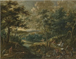 Лесной пейзаж с охотниками загоняющими быка на берегу реки