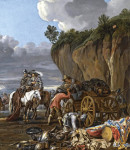 ₴ Картина бытовой жанр художника от 170 грн.: Солдаты разгружают повозку, солдат и кавалерист на конях остановились левее