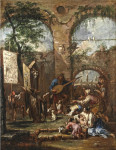 Городской пейзаж: Каприччио с музыкантом и крестьянами перед портативным алтарем святого Антония Падуанского