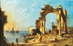 ₴ Картина городской пейзаж художника от 157 грн.: Каприччио разрушенной арки, на краю венецианская лодка, мать с ребенком на переднем плане