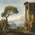 Речной пейзаж с художником рисующим руины, возможно храм Сибиллы в Тиволи