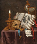 Натюрморт: Ванитас с подсвечником, черепом, раковиной наутилуса, часами, портрет Карла I и другие объекты на драпированном столе