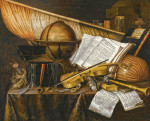 Натюрморт: Ванитас, книги, листовки, глобус, княжеский флаг, ноты, музыкальные инструменты, песочные часы, на драпированном столе