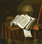 Натюрморт: Ванитас с астрологическим глобусом, музыкальными инструментами, черепом и книгами на драпированном столе