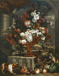Картина натюрморт от 226 грн.: Большой букет цветов в скульптурной бронзовой урне на резном каменном фундаменте, спаниель, обезьяна и различные фрукты