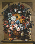 Картина натюрморт от 222 грн.: Розы, подсолнух, ипомеи, гиацинты, анемоны, тюльпаны-попугай и другие цветы в бронзовой скульптурной вазе в нише