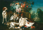 Картина натюрморт от 204 грн.: В дворцовом саду с фруктами в корзинке на каменном выступе, спаниель и дичь на земле