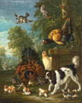 Картина натюрморт от 22 грн.: Куриная семья парирует спаниеля в пейзаже