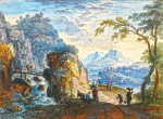 ₴ Репродукция пейзаж от 235 грн.: Холмистый пейзаж с фигурами возле каскада