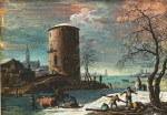₴ Репродукция пейзаж от 293 грн.: Зимний пейзаж с мужчинами собирающими дрова около башни над замерзшим лиманом