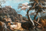 ₴ Репродукция пейзаж от 293 грн.: Скалистый лесной пейзаж с тремя крестьянами возле водопада, пастух в отдалении