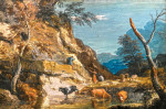 Горный пейзаж со скотом у водопоя, три крестьянина на утесе