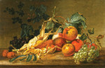₴ Репродукция картины натюрморт от 277 грн.: Ежевика, виноград, яблоки, сладкая кукуруза и два ореха на каменном выступе
