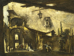 ₴ Картина городской пейзаж художника от 184 грн.: Сцена в переулке с элегантными фигурами проходящими под аркой