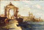 ₴ Картина городской пейзаж художника от 170 грн.: Каприччио с фигурами пересекающими мост