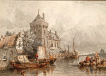 ₴ Картина городской пейзаж художника от 177 грн.: Фигуры в лодке около города