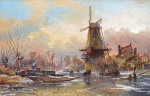 Городской пейзаж: Ветряная мельница в зимнем пейзаже на рассвете