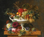 ₴ Репродукция натюрморт от 390 грн.: Классическая урна с фруктами на мраморном постаменте с цветами