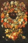 Натюрморт: Гирлянда цветов с яблоками, сливами и другими фруктами