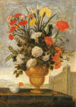 Картина натюрморт от 187 грн.: Ирисы, розы и гвоздики в урне, белая чашка, пейзаж в отдалении