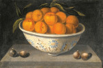 Картина натюрморт от 199 грн.: Апельсины в миске с инжиром, на каменном выступе