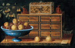 Картина натюрморт от 193 грн.: Письменный стол с небольшом сундуком и вазой с фруктами