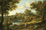 Классический пейзаж с фигурами и пастухом рядом с водопадом, форт на холме в отдалении
