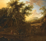 Итальянский лесистый речной пейзаж с пастухом и стадом, два путника в отдалении