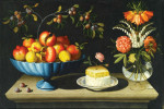 Купить от 95 грн. картину натюрморт: Синияя ваза с гранатом и персиками, тарелка с брынзой и пчелиными сотами с розой, цветы в стеклянной вазе